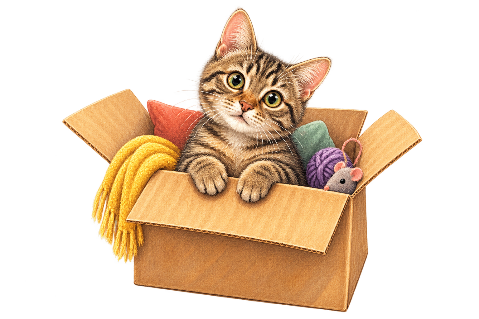 O pisică curioasă privește dintr-o cutie de carton