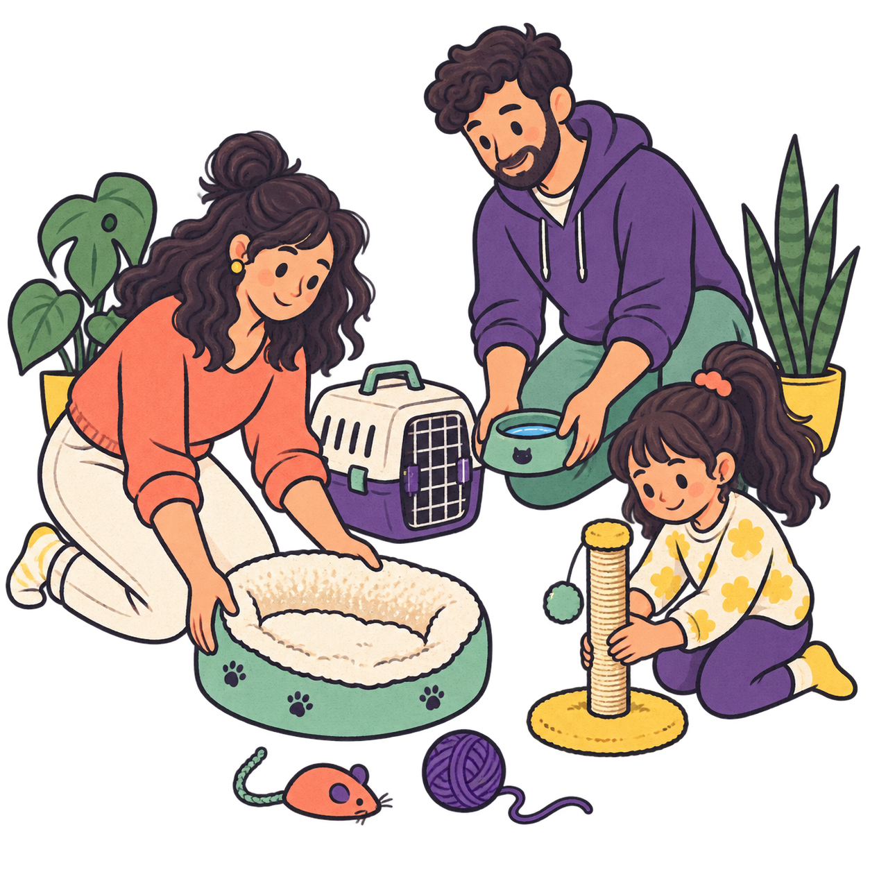 O familie pregătește culcușul, apa și ansamblul de joacă pentru noua pisică